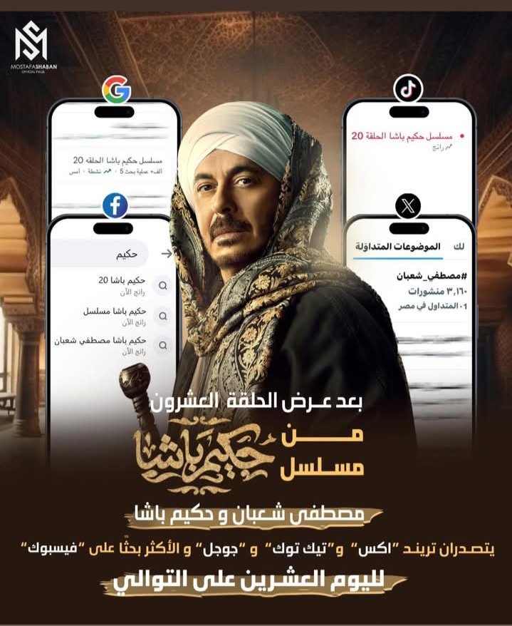 على مدار عشرون يوماً.. مسلسل «حكيم باشا» ومصطفى شعبان يتصدران التريند