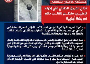 ” مستشفى الزيتون التخصصى” نجاح جديد بوحدة القلب في إجراء تركيب منظم للقلب دائم لمريضة أجنبية تبلغ من العمر ٧٢ سنة