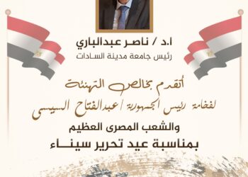 رئيس جامعة مدينة السادات يُهنِّئ الرئيس السيسي والقوات المسلحة بذكرى عيد تحرير سيناء الـ44