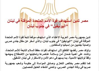 مصر تدين استهداف قوة الأمم المتحدة المؤقتة في لبنان “اليونيفيل” في جنوب لبنان