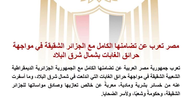 مصر تعرب عن تضامنها الكامل مع الجزائر الشقيقة في مواجهة حرائق الغابات بشمال شرق البلاد
