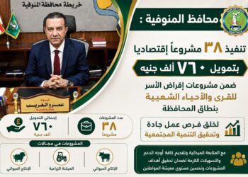 لتوفير فرص عمل وتحسين مستوى دخل الأسر محافظ المنوفية : تنفيذ 38 مشروعاً اقتصاديا بتمويل 760 ألف جنيه ضمن مشروع إقراض الأسر للقرى والأحياء الشعبية بنطاق المحافظة