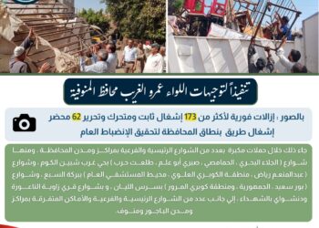 تنفيذاً لتوجيهات محافظ المنوفية إزالات فورية لأكثر من 173 إشغال ثابت ومتحرك وتحرير 62 محضر إشغال طريق خلال حملات تفتيشية مكبرة بنطاق المحافظة لتحقيق الإنضباط العام