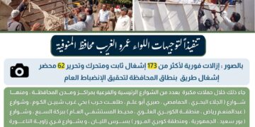 تنفيذاً لتوجيهات محافظ المنوفية إزالات فورية لأكثر من 173 إشغال ثابت ومتحرك وتحرير 62 محضر إشغال طريق خلال حملات تفتيشية مكبرة بنطاق المحافظة لتحقيق الإنضباط العام
